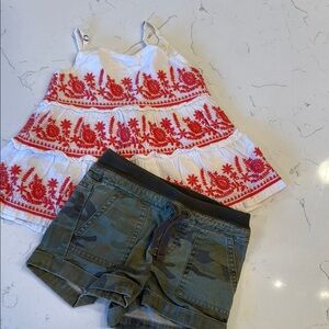 PEEK . White and Red Embroidered Top with Green Camo Shorts